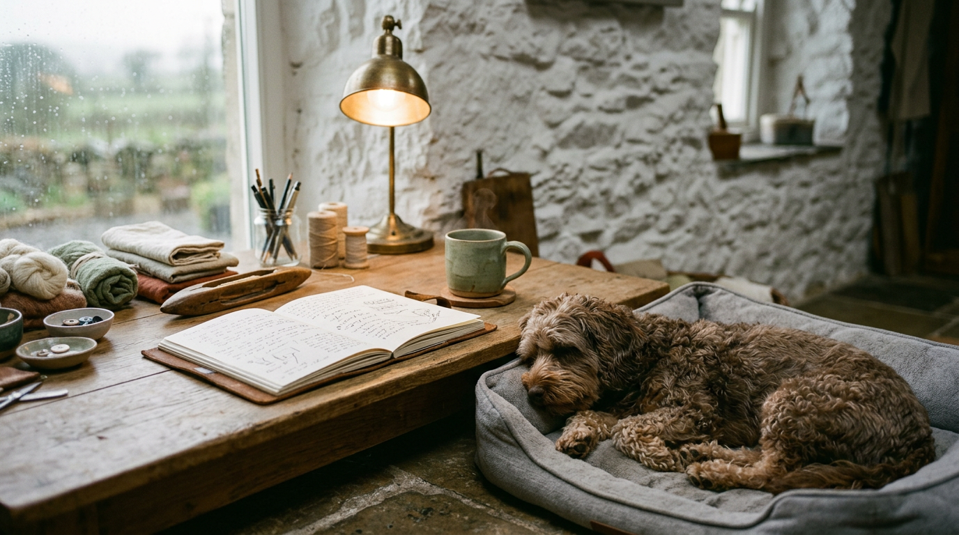 A tidy maker desk in a Northern Irish stone cottage with a dog asleep on a calming bed nearby
