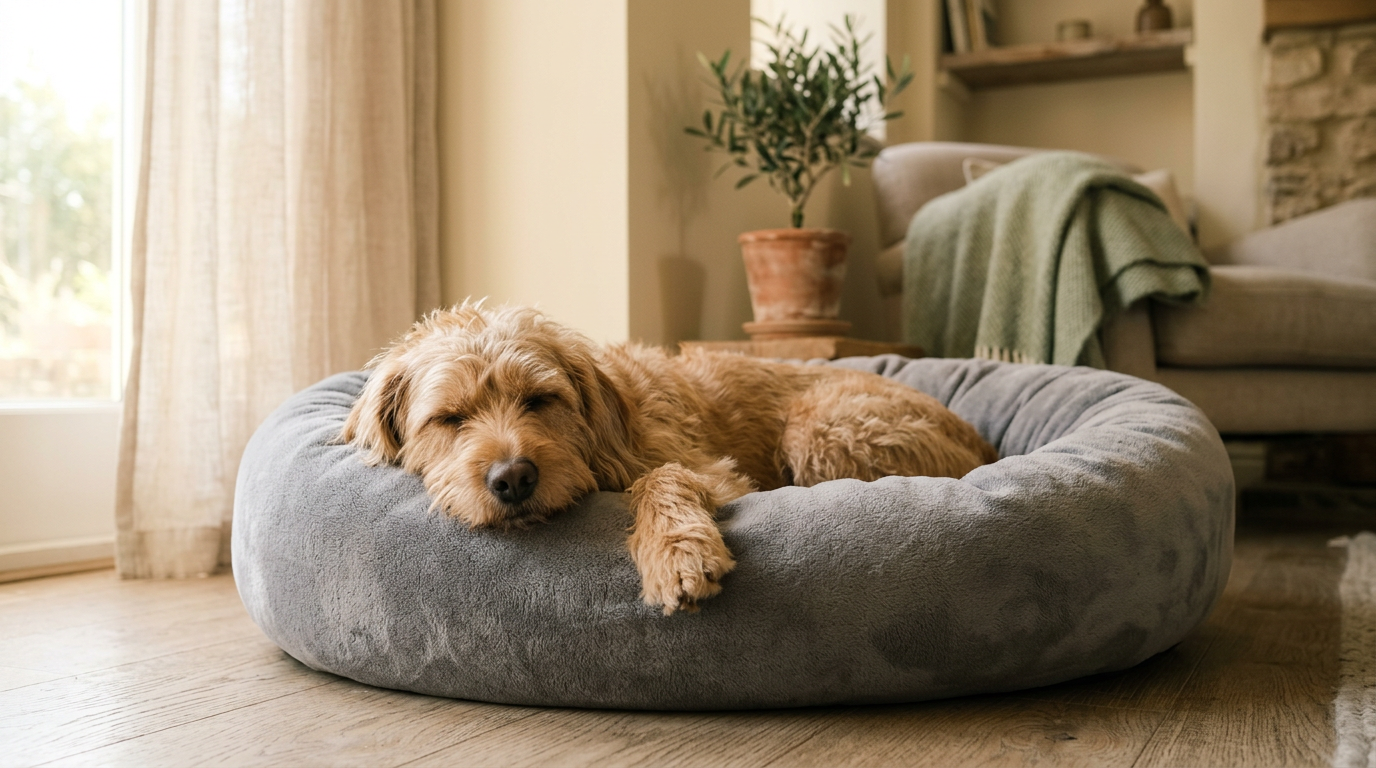 A calm scruffy dog asleep on a dove grey donut calming bed in a warm cottage living room