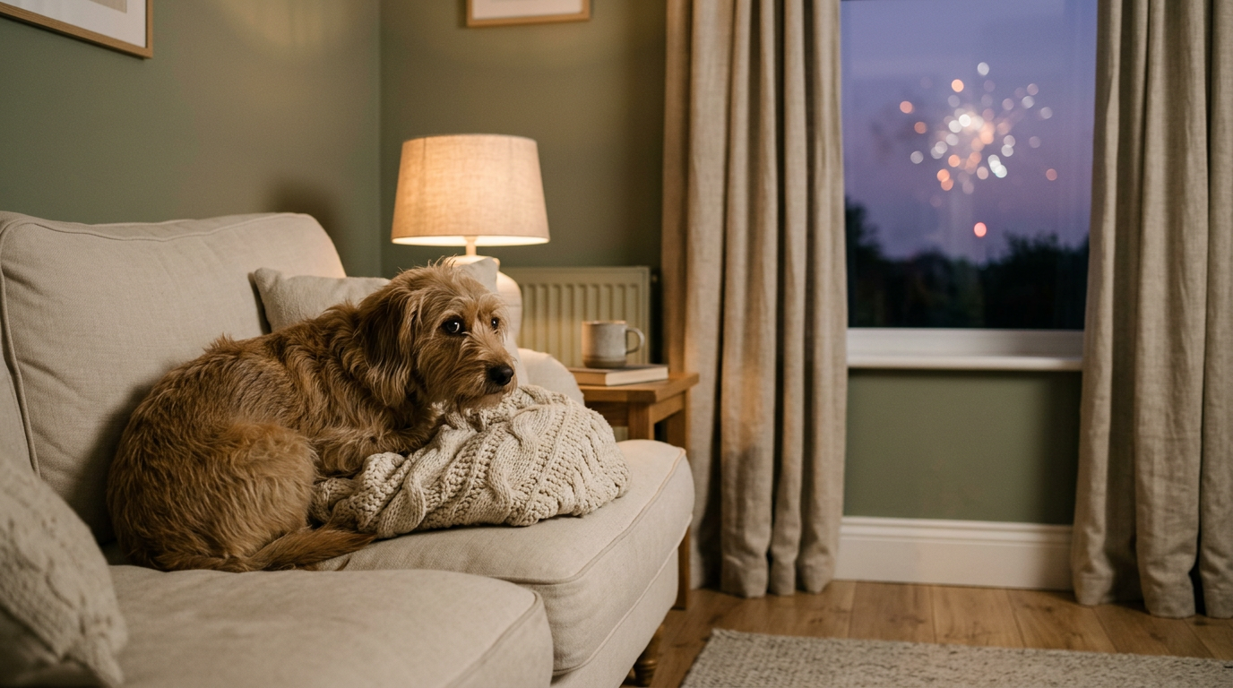 An anxious scruffy dog pressed against a sofa edge during firework season